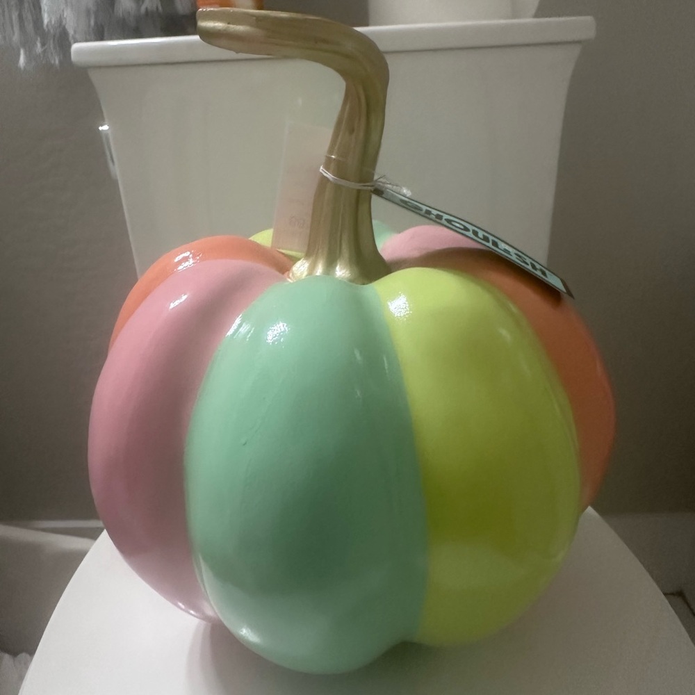 Summerween Colorful Rainbow Ceramic Pumpkin Decor With Gold Stem - Picture 5 of 5
